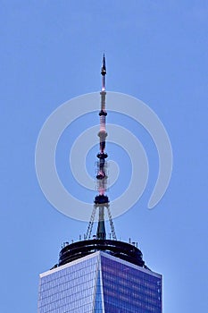 Night photo of The spire at the top of One World Trade Center formerly known as Freedom tower New York City USA