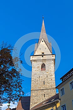 Spire of Ursulinenkirche church in Bruneck