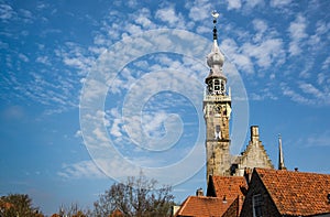 Spire of Veere Courthouse in vintage historic town in Netherlands