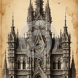Ink Study of Medieval Timekeeping Tower photo