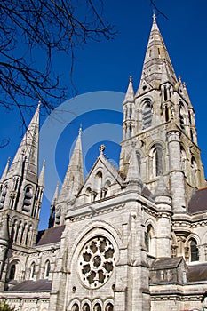 The spires of the Anglican Cathedral of St. Fin Barre in the Irish city of Cork. A Christian church in the Neo-Gothic style.