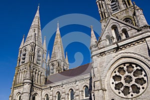 The spires of the Anglican Cathedral of St. Fin Barre in the Irish city of Cork. A Christian church in the Neo-Gothic style.