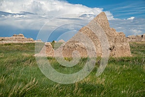 Spires and rock formations in the Badlands National Park in South Dakota