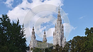 Spires of Vienna City Hall (Wiener Rathaus), a building from 1883 with Neo-Gothic style architecture.