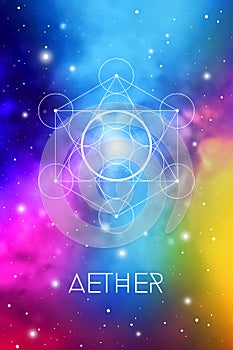 Spirit element symbol inside Metatron Cube and Flower of Life in front of outer space cosmic background. Aether sacred geometry