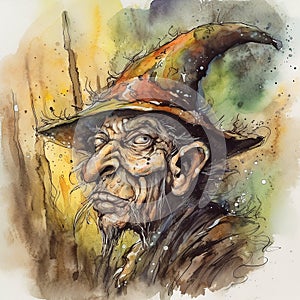 Spirit goblin wizard sorcerer of a fairy forest, old man with a big nose and ears, mystical creature, unusual face, portrait,