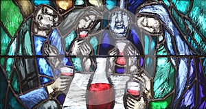 Spirit of God awakens a new life, both dead and alive, stained glass window in church of St John in Piflas, Germany photo