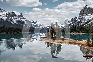 Spirit Island with Canadian Rockies on Maligne lake at Jasper national park