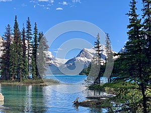 Spirit Island in Maligne Lake and Canadian Rocky Mountains, Jasper National Park, Alberta, Canada