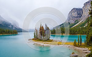 Spirit Island in Maligne Lake, Jasper National Park, Alberta, Canada. Canadian Rockies