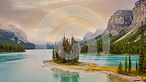 Spirit Island in Maligne Lake, Jasper National Park, Alberta, Canada. Canadian Rockies