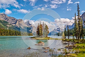 Spirit island in Maligne lake, Jasper National Park, Alberta, Rocky Mountains Canada