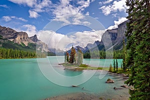 Spirit island in Maligne lake, Jasper National Park, Alberta, Rocky Mountains Canada