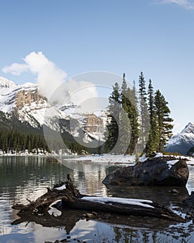 Spirit Island in Maligne lake, Jasper National park, Canada. Vertical format