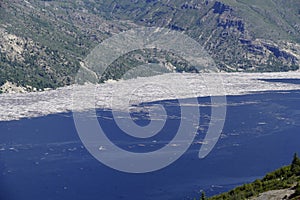 Spirit Lake with log rafts of trees blown down in eruption of 1980