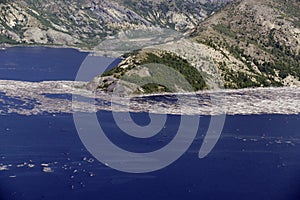 Spirit Lake with log rafts of trees blown down in eruption of 1980