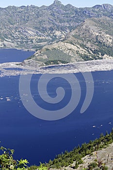 Spirit Lake with log rafts of trees blown down in eruption of 1980