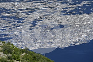 Spirit Lake with log rafts of trees blown down in eruption of 1980