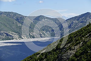 Spirit Lake with log rafts of trees blown down in eruption of 1980