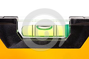 Spirit level close up on white background, Construction bubble level yellow, Spirit level tool, Yellow block level with bubble