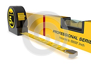 Spirit level and tape measure