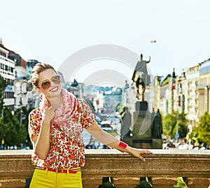 Happy woman on Vaclavske namesti in Prague Czech Republic