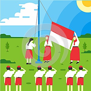 The spirit of school children in a flag ceremony on a sunny field