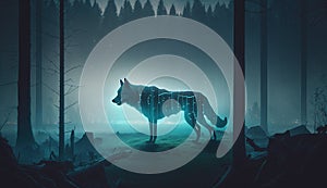 Spirit wolf surrounded by glowing blue light in a dark misty forest. Generative AI