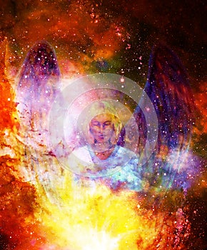 Spiritual Angel in cosmic space. Painting and graphic effect.