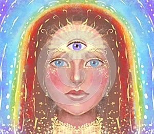 Spiritual awakening. Bright portrait of a girl with a third eye in the forehead on the background colors of the chakras