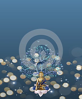 Spiritual background with buddha statue, yin yang symbol and life tree on sea reflection position
