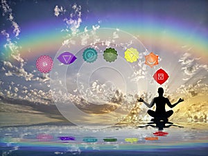 Spiritual background with chakras, human silhouette and rainbow in sea reflection