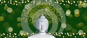 Spiritual background for meditation with buddha statue, bamboo, lotus flower and crown chakra energy isolated in bokeh background