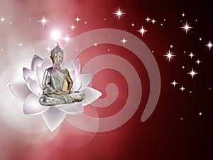 Spiritual background for meditation with buddha statue, bamboo, lotus flower and crown chakra energy isolated in bokeh background