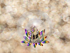 Spiritual background for meditation with buddha statue, bamboo, lotus flower and crown chakra energy isolated in bokeh background