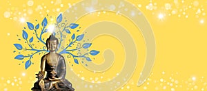 Spiritual background for meditation with buddha statue, bamboo, lotus flower and crown chakra energy isolated in bokeh background