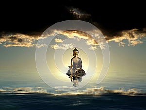 Spiritual background for meditation with buddha statue and clouds sky