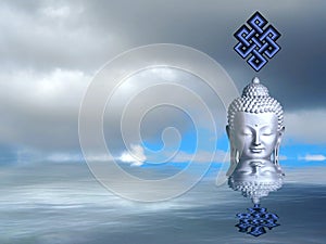 Spiritual background for meditation with buddha statue and clouds sky