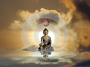 Spiritual background for meditation with buddha statue and clouds sky