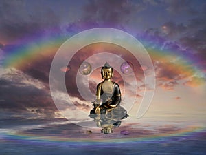 Spiritual background for meditation with buddha statue, rainbow, yin yang symbol isolated in clouds sky background