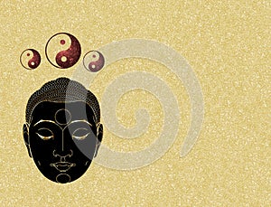 Spiritual background for meditation with buddha statue and yin yang symbol isolated in color background