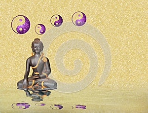 Spiritual background for meditation with buddha statue and yin yang symbol isolated in golden background