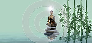 Spiritual background for meditation with buddha statue, zen stone and bamboo in water reflection