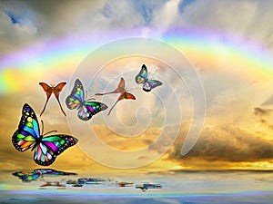 Spiritual background for meditation with butterflies and rainbow in sea reflection