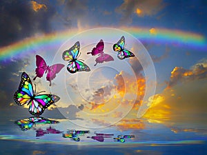 Spiritual background for meditation with butterflies and rainbow in sea reflection