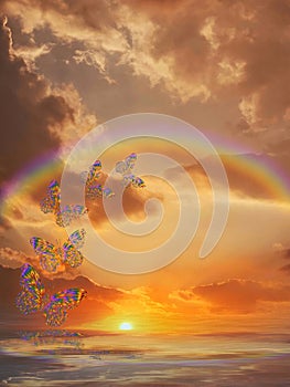 Spiritual background for meditation with butterflies and rainbow in sea reflection