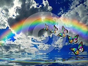 Spiritual background for meditation with butterflies and rainbow in sea reflection