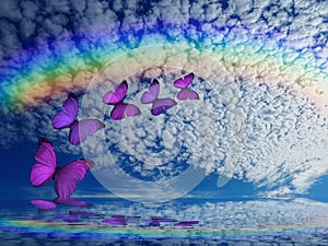 Spiritual background for meditation with butterflies and rainbow in sea reflection