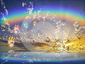 Spiritual background for meditation with butterflies and rainbow in sea reflection