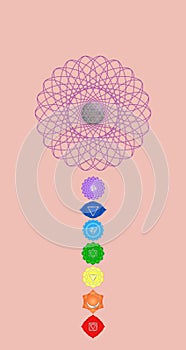 Spiritual background for meditation with chakra symbols and copy space for design isolated on color background